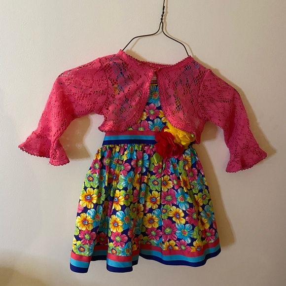 Toddler Girls 24 M Youngland multicolor flower dress, and pink shrug/sweater - Picture 1 of 13